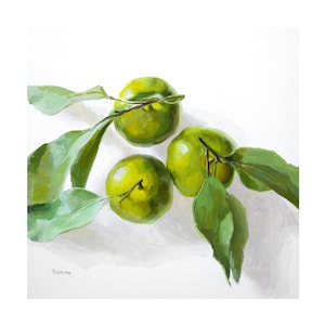 Pintura de tangerinas verdes em papelão, pintura de frutas cítricas, arte de parede de cozinha