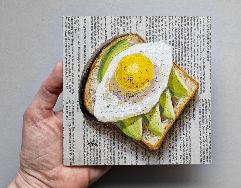 Avocado Breakfast Painting on Newspaper Original Art, Avocado Painting, Avocado Art, Bread Painting, Breakfast Painting, Avocado Gift image 4