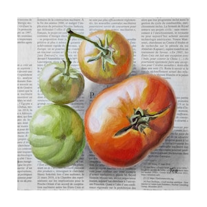 Pintura de tomate em arte original de jornal, pintura de tomate, arte de tomate, pintura vegetal, arte de parede vegetal, pintura de tomate