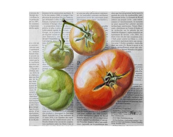 Tomaten Gemälde auf Zeitung Originalkunst, Tomate Malerei, Tomate Kunst, Gemüsemalerei, Gemüse Wandkunst, Gemälde von Tomaten