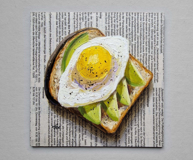 Avocado Breakfast Painting on Newspaper Original Art, Avocado Painting, Avocado Art, Bread Painting, Breakfast Painting, Avocado Gift image 3