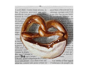 Pretzel small painting on newspaper, bakery original art, bread painting, newspaper art, food painting, bread wall art, mini painting