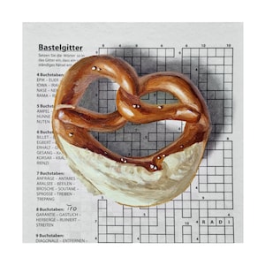 Pintura de pretzel em jornal, arte original de padaria, pintura de pão, pintura de comida, arte de jornal, arte de parede de pão, presente de pão