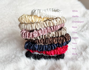 100% Mulberry Silk Skinny Scrunchies, 1cm Width Gentle Silk Hair Ties, No Tugging No Kinks