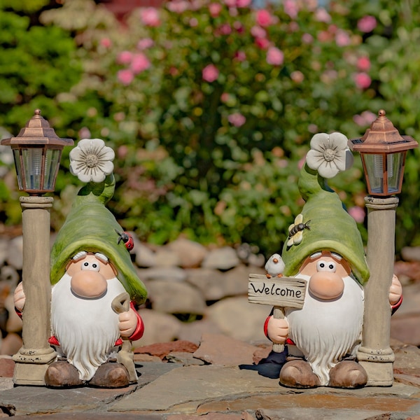 Set of 2 Spring Garden Gnomes with Solar Lanterns