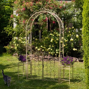8 Feet Tall Garden Gate Archway with 2 Side Plant Stands &quot;Genevieve&quot;
