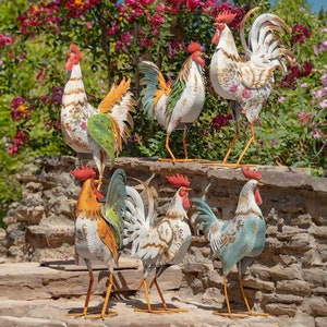 Iron Hand Painted Rooster Figurines with Floral Print in 6 Assorted Styles
