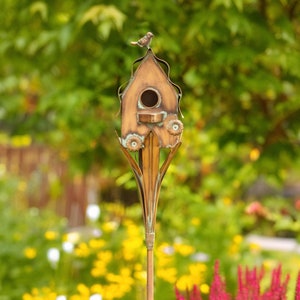 62.5 Inch Tall Cottage Style Birdhouse Stake in Copper Finish