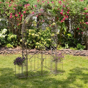 Iron Garden Gate with Side Plant Stands &quot;Stephania&quot; in Copper Bronze