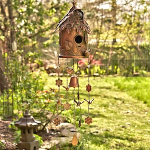 Antique Copper Hanging Birdhouse with Wind Chime &quot;Silo&quot;