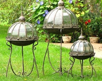 Set of 3 Domed Glass Terrariums on Stands with Parisian Inspired Crowns "Marseilles 1792"