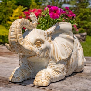 May include: A cream-colored elephant planter with a trunk raised in the air, holding vibrant pink flowers. The ceramic elephant has detailed features and a distressed finish, sitting on a wooden surface.