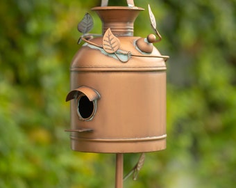 63 Inch Tall Old Style Milk Can Birdhouse Stake in Copper Finish