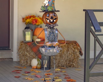 4.5ft Metal Pumpkin Witch with Owl Figurine and Candy Bowl