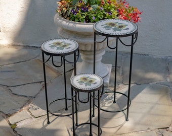 Set of 3 Round Iron Mosaic Plant Stands "Marisol"