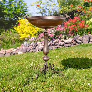 May include: A bronze bird bath with a decorative pedestal base and a shallow bowl. Two small bird figurines perch on the rim. The bird bath is set on a grassy lawn with a colorful garden in the background.