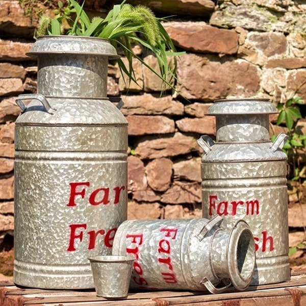 Set of 3 Galvanized Old Style Milk Can Planters Red Writing