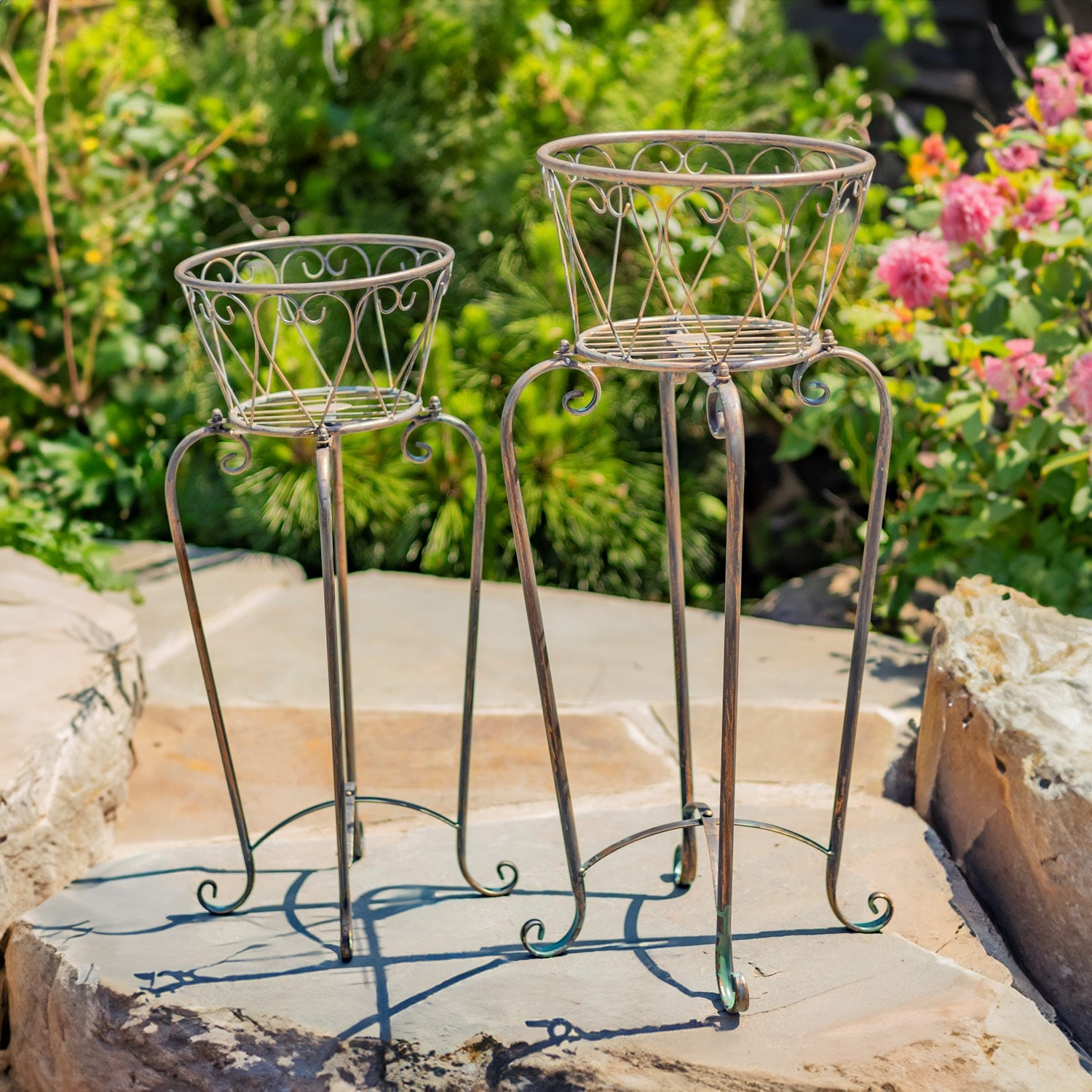 Set of 2 Ornate Flower Basket Plant Stands 