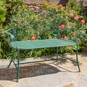 47.25&quot; Long Embellished Metal Garden Bench in Antique Green &quot;Toulouse 1275&quot;