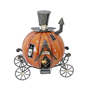 May include: Orange pumpkin carriage decoration with a black top hat and wheels. The carriage has a "BEWARE" sign above the door and a skull in the window. A decorative Halloween item.