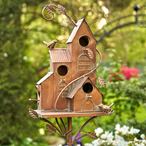Copper Colored Four Home Bungalow Birdhouse Garden Stake 