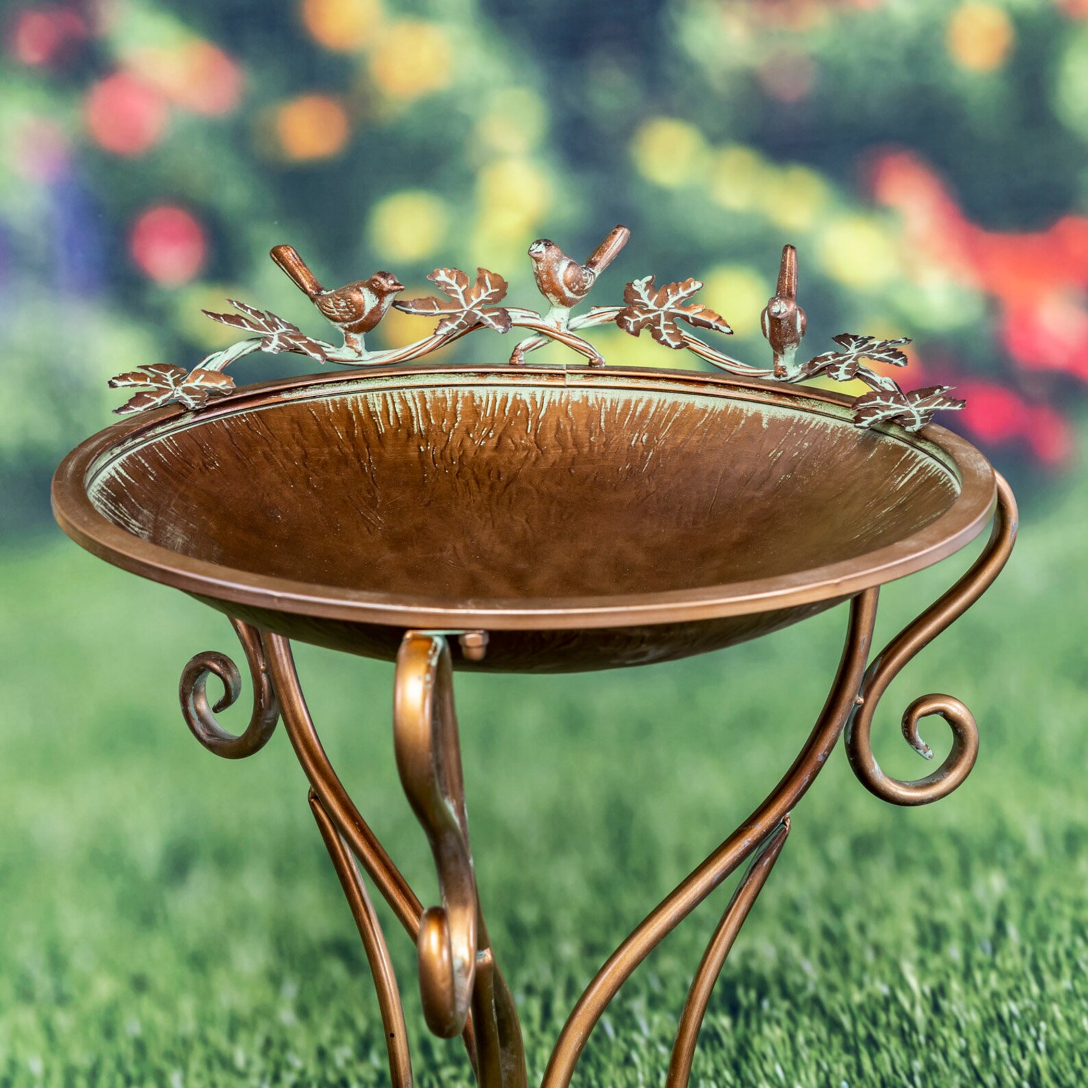 Round Antique Copper Finish Birdbath With Three Birds Etsy