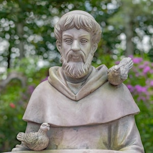 Tall Saint Francis Statue & Birdbath in Antique Grey - 30&quot; Sitting | 36&quot; Standing