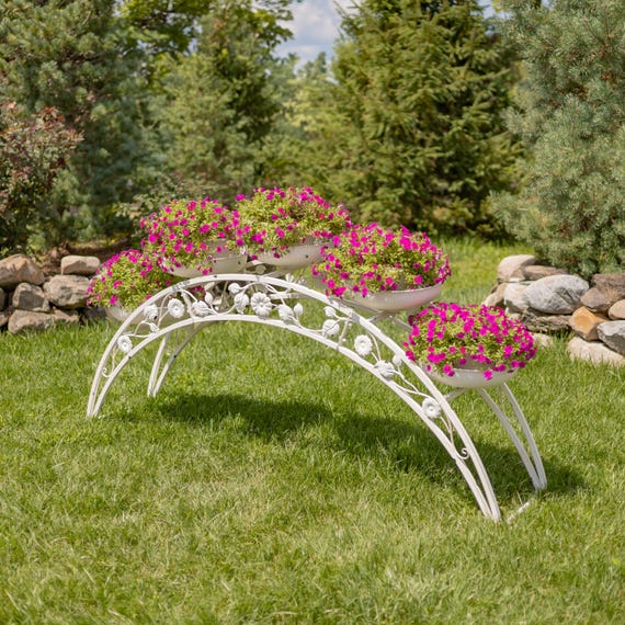 6.6ft. Long Bridge-like Iron Plant Stand With Five Planters
