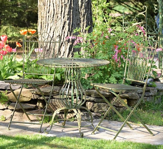 Three Piece Metal Bistro Set with 2 Folding Chairs and Round Table Color Option