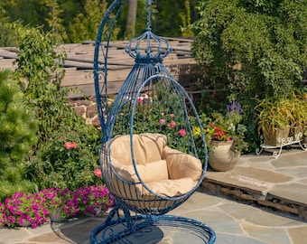89" Tall One-Person Hanging Metal Egg Chair with Stand in Antique Blue "Elizabeth"