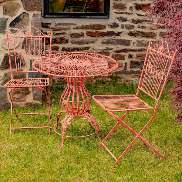 Three Piece Metal Bistro Set with 2 Folding Chairs and Round Table Color Option