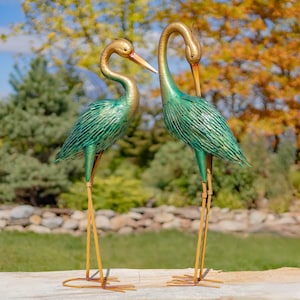 Set of 2 41" Tall Stylized Metallic Heron Garden Figurines with Gold Heads