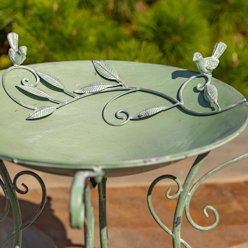Puede incluir: Un bebedero para p&aacute;jaros de metal verde desgastado, con detalles de hojas y p&aacute;jaros decorativos. La pila poco profunda est&aacute; sostenida por una base de metal con volutas. El dise&ntilde;o incluye hojas y p&aacute;jaros de metal.