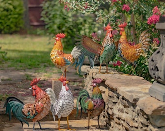 21" Tall Galvanized Iron Rooster Garden Figurines in Assorted Styles