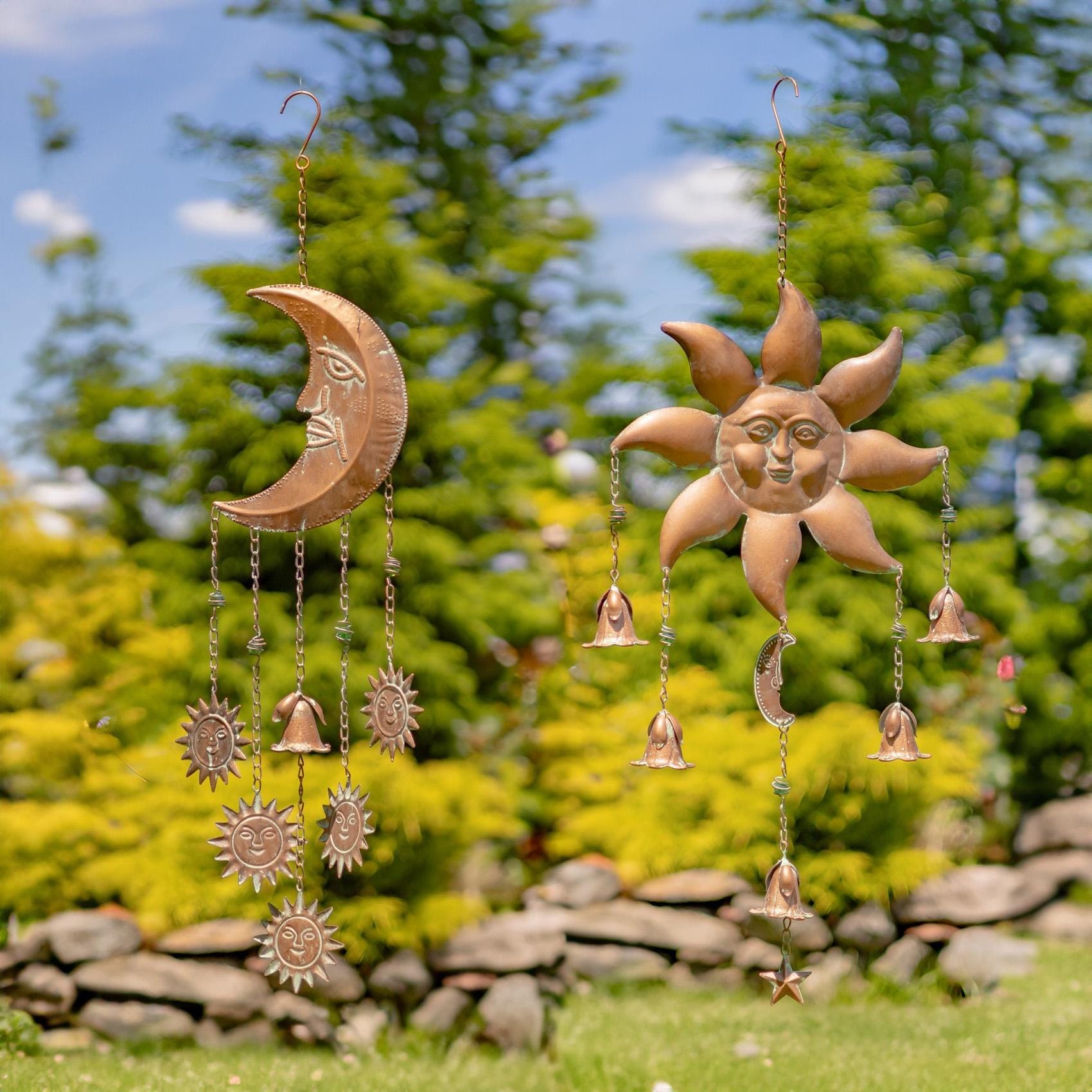 Set of 2 Hanging Sun & Moon Iron Wind Chimes With Dangling Bells
