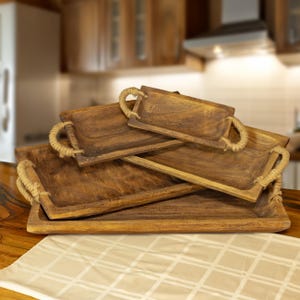 Set of 5 Assorted Rectangular Wooden Serving Trays with Rope Handles
