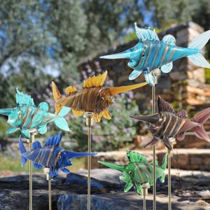 Set of 6 Hand Painted Glass Swordfish on Gold-Plated Iron Pot Sticks