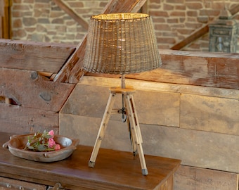 Rattan Style Table Lamp with Wooden Tripod and Bamboo Shade