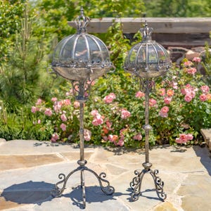 Set/2 Standing Frosted Silver Iron & Glass Dome Lanterns/Terrariums "Domme 1437"