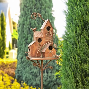 Copper Colored Four Home Bungalow Birdhouse Garden Stake "Jamison"