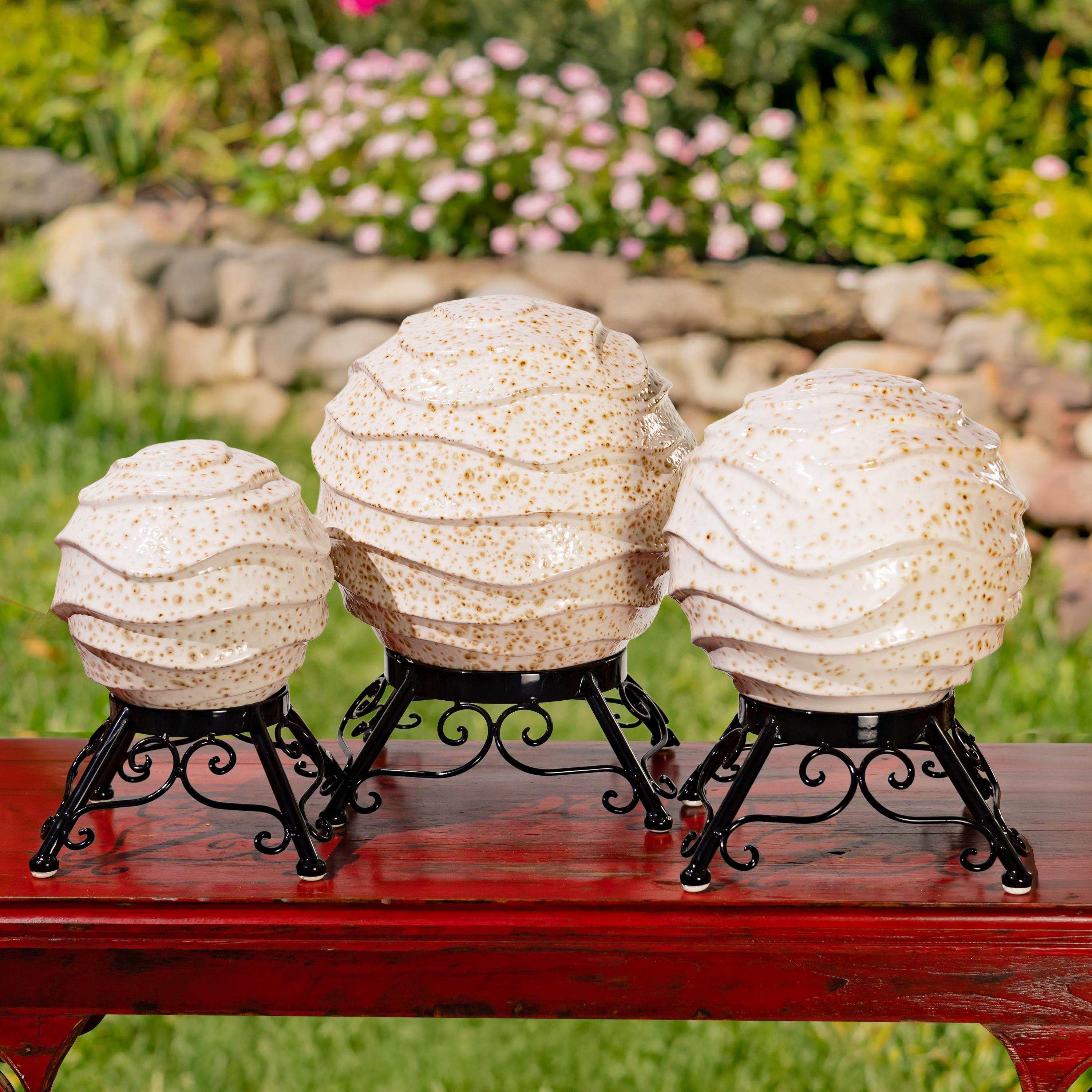Set of 3 Assorted Ceramic Wavy Globe Gazing Balls With Stands