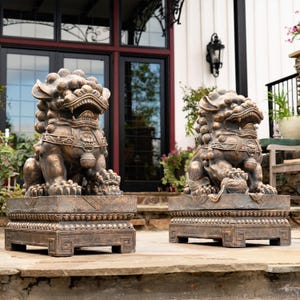 Set of 2 Magnesium Foo Dog Statues in Antique Bronze "Gan & An"