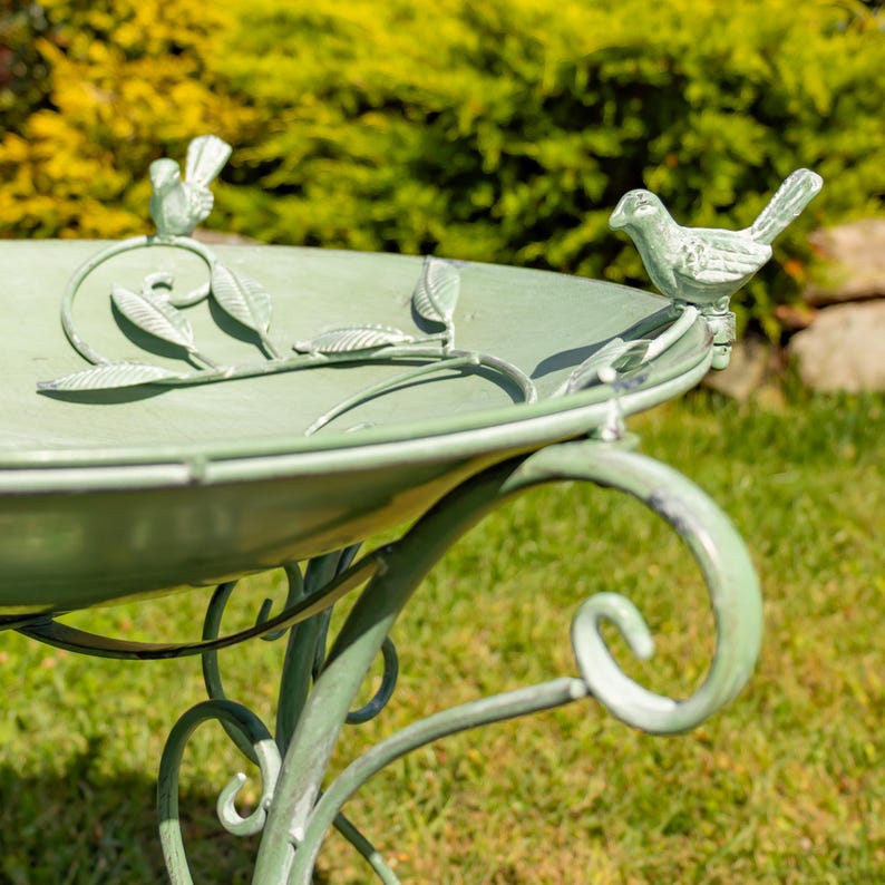 Puede incluir: Un bebedero para p&aacute;jaros de metal verde salvia con detalles decorativos de hojas y p&aacute;jaros. El bebedero tiene una cuenca poco profunda y patas ornamentadas y enrolladas. Dos peque&ntilde;as figuras de p&aacute;jaros est&aacute;n posadas en el borde. El bebedero est&aacute; al aire libre sobre un c&eacute;sped.