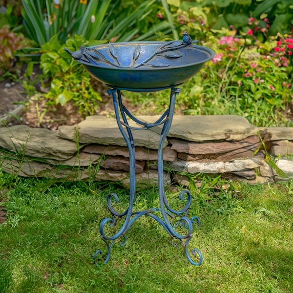 Metal Birdbath with 2 Cast Iron Birds in Frosted Blue Finish