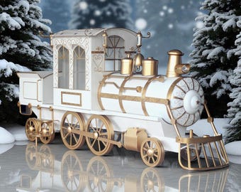Tren de hierro grande, blanco y dorado, de 3,8 metros (12,5 pies) con vagón "El Expreso del Polo Norte" / Locomotora grande y elegante
