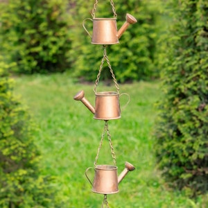 73&quot; Long Iron Rain Chain with Watering Cans in Antique Copper