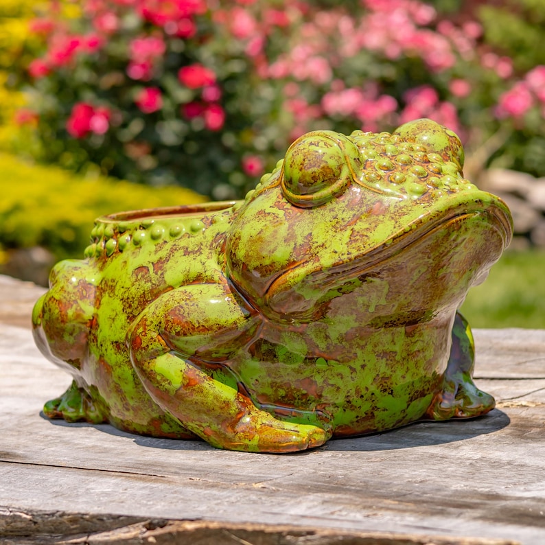 May include: A ceramic frog planter in shades of green and brown. The frog has a textured surface and a wide open mouth, perfect for holding plants. The planter is sitting on a wooden surface, with a blurred background of flowers.