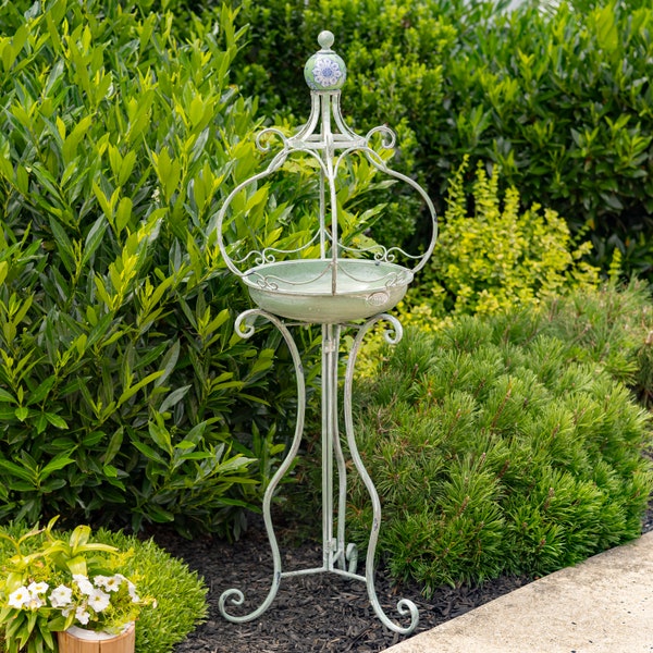 45" Tall Iron Birdbath with Ceramic Sailor Ball Accent "Mizu" Color Option