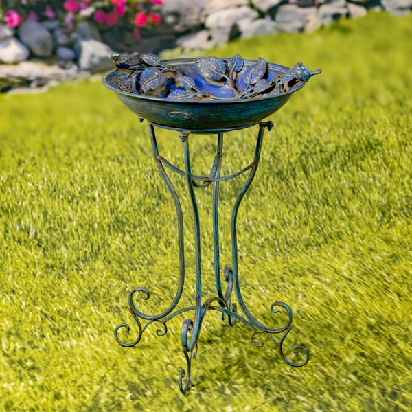 Round Iron Birdbath with Rose and Bird Accents in Antique Blue "Roosevelt"