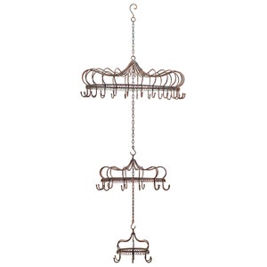 May include: A two-tiered metal pot rack with a decorative design. The rack has multiple hooks for hanging pots and pans. The rack is suspended from the ceiling by a chain.
